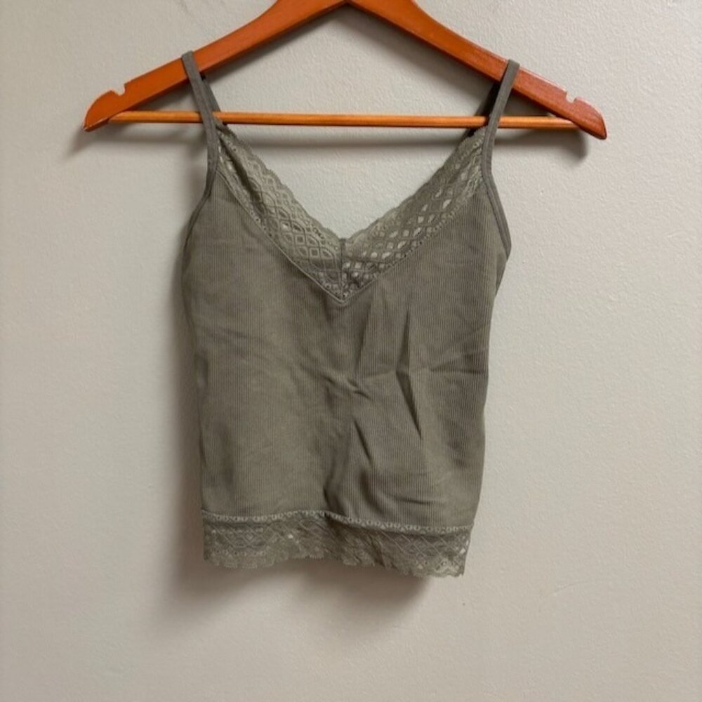 Self Esteem Y2K Lace Trim Ribbed Green Tank Top Size XS Cropped 90s Boho‎ Casual